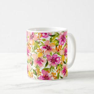 Caneca De Café Serena-Rosa e Amarelo-Aquarela Floral