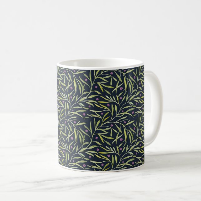Caneca De Café Serenas Folhas Verdes com Flores Rosas (Frente Esquerda)