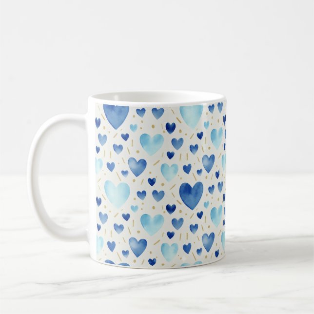 Caneca De Café Serene Azure & Gold Watercolor Hearts (Esquerda)