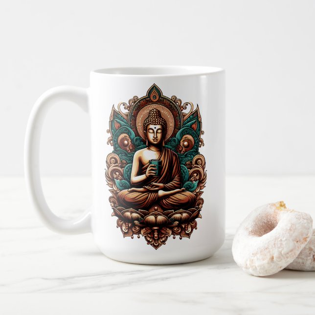 Caneca De Café Serene Buddha, Café e Estátua de Escultura Zen (Com Donut)