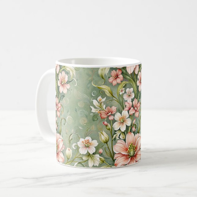Caneca De Café Serene Pink e White Flowers em Sage (Frente Esquerda)