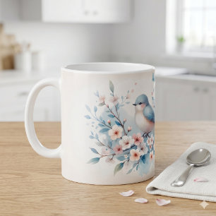 Caneca De Café Serenidade Aquarela Flor de Pássaro Azul