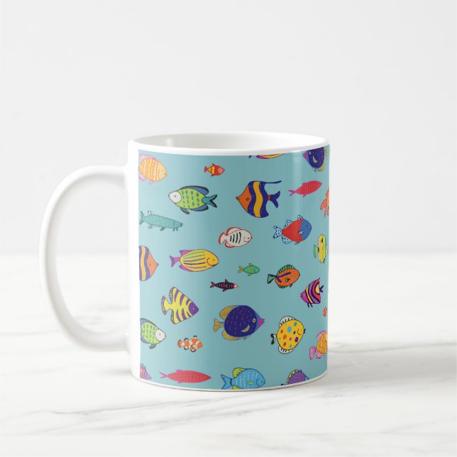 Caneca De Café Set of tropical fish. line seamless pattern (Esquerda)