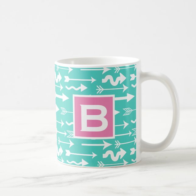 Caneca De Café Setas de tendência - Teal e Monograma Rosa (Direita)
