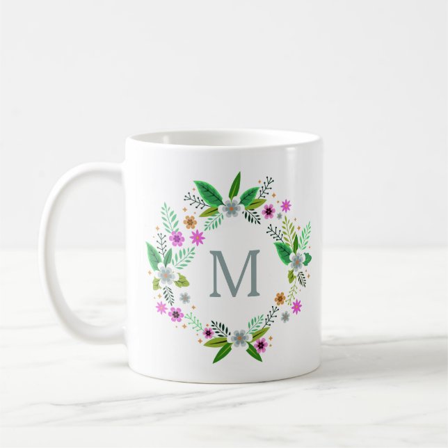 Caneca De Café Seu monograma em uma imagem de flor (Esquerda)