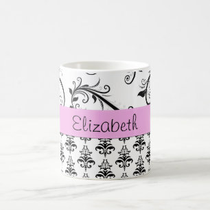 Caneca De Café Seu Nome - Damask, Ornaments, Swirls - Black
