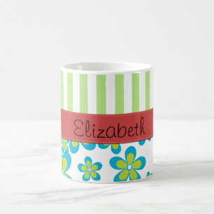 Caneca De Café Seu Nome - Flores, Pétalas, Flores - Azul Verde