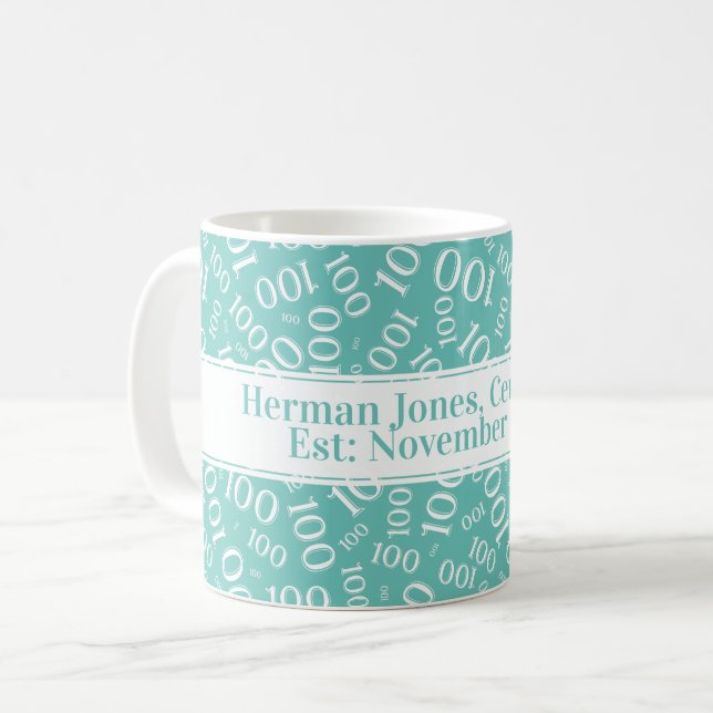 Caneca De Café Seu Texto: 100º Aniversário Número Padrão Teal (Frente Esquerda)