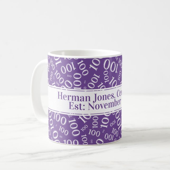 Caneca De Café Seu Texto: 100º Aniversário Padrão Roxo (Frente Esquerda)