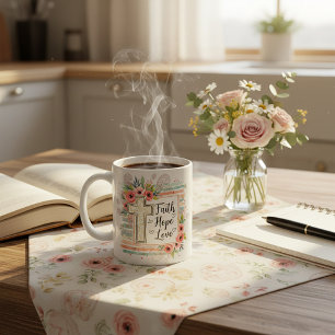 Caneca De Café Shabby Chic floral Fé Esperança Amor
