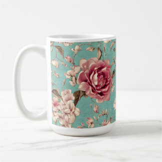 Caneca De Café Shabby Chic Pink and White Florals on Teal