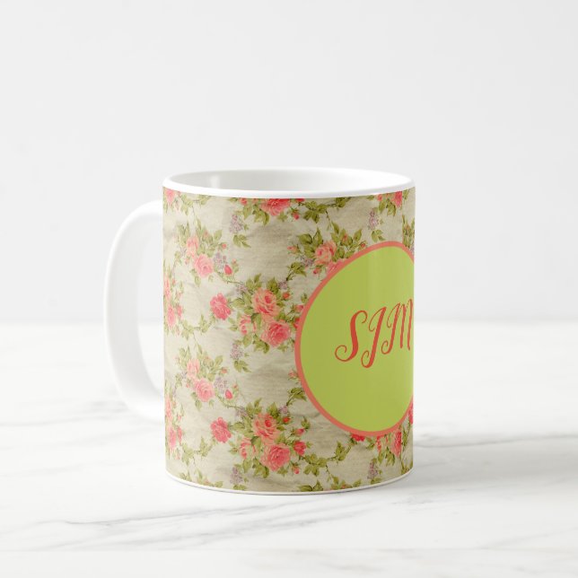 Caneca De Café Shabby Rosa Monograma (Frente Esquerda)
