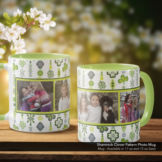 Caneca De Café Shamrock Clover Pattern Photo Mug (Shamrock and Clover Pattern Mug: Personalize with Your Three (3) Favorite Photos)