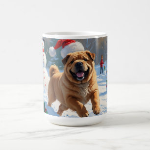 Caneca De Café Shar Pei Correndo na Neve com Chapéu de Natal