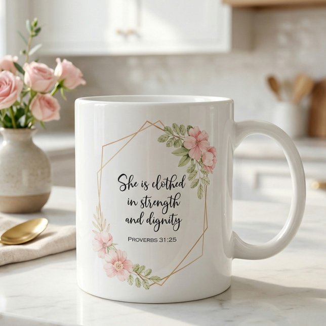 Caneca De Café She Is Clothed in Strength and Dignity Floral (Criador carregado)