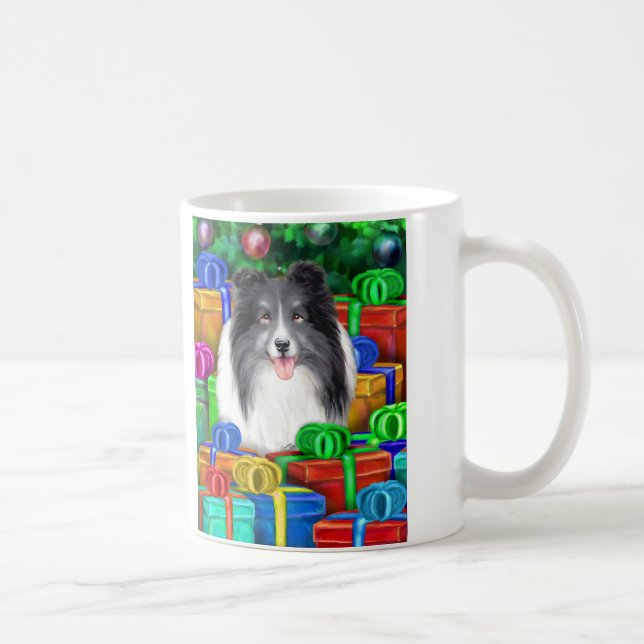 Caneca De Café Sheltie Christmas Open Gifts Bi Black (Direita)