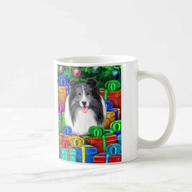 Caneca De Café Sheltie Christmas Open Gifts Bi Blue (Direita)