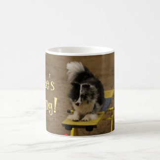 Caneca De Café Sheltie que pendura em um Teeter da agilidade