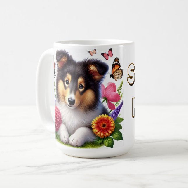 Caneca De Café Shetland Sheepdog com Flores e Borboletas (Frente Esquerda)