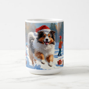 Caneca De Café Shetland Sheepdog Correndo Neve Com Chapéu De Nata