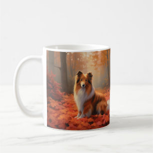 Caneca De Café Shetland Sheepdog no outono deixa cair inspiração