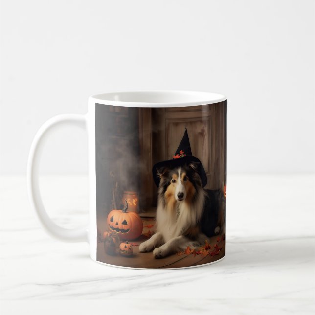 Caneca De Café Shetland Sheepdog Pumpkins Halloween Assustado (Esquerda)