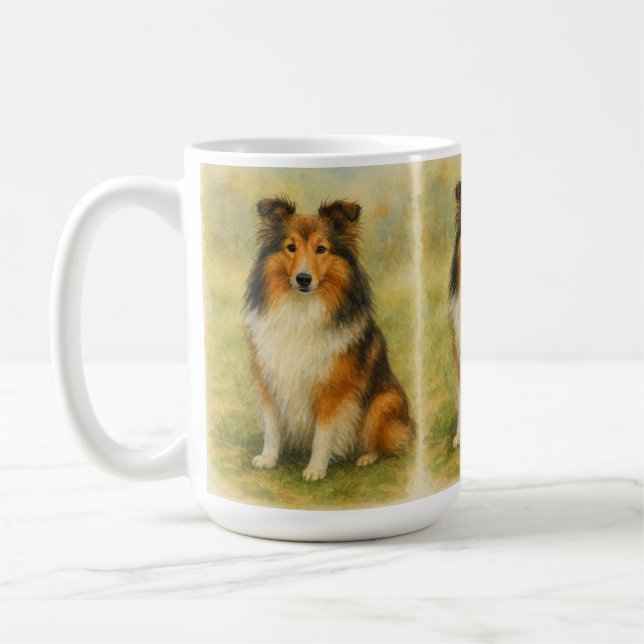 Caneca De Café Shetland Sheepdog Sentado Aquarela (Esquerda)