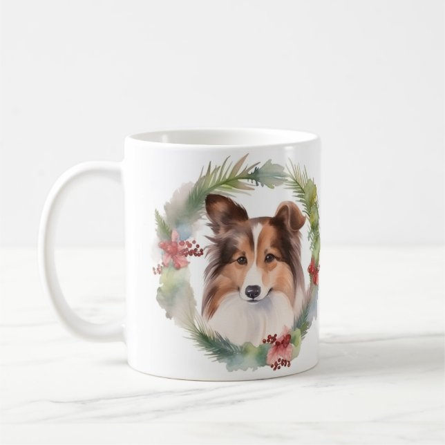 Caneca De Café Shetland Sheepdog Wreath Festivo Pup (Esquerda)
