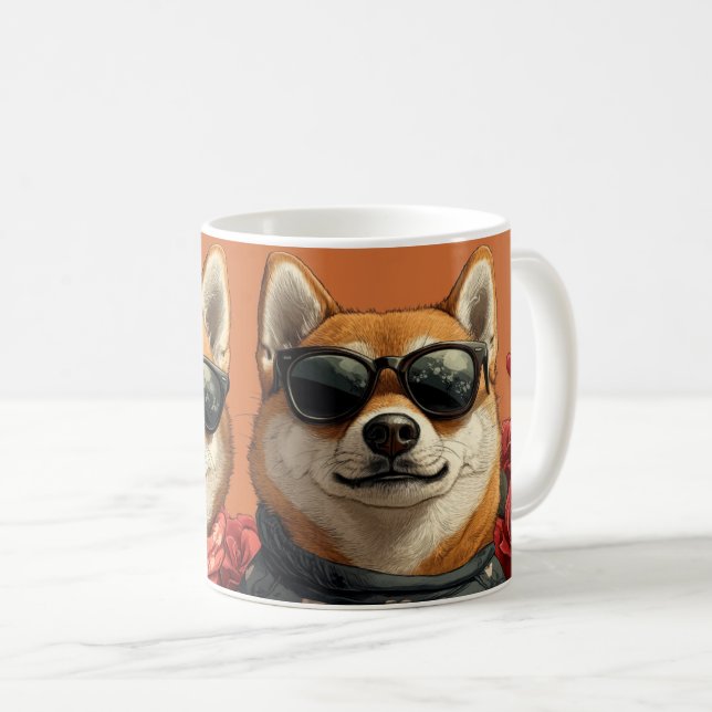 Caneca De Café Shiba Inu com Dia de os namorados de Rosas cardíac (Frente Esquerda)
