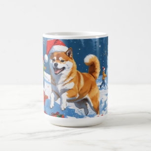 Caneca De Café Shiba Inu Correndo na Neve com Chapéu de Natal