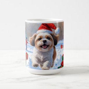 Caneca De Café Shih Tzu Correndo na Neve com Chapéu de Natal