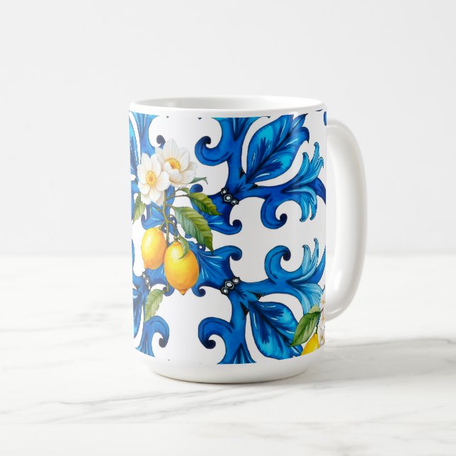 Caneca De Café Siciliano,verão,limão,mosaico,azul,cachecol (Frente Esquerda)