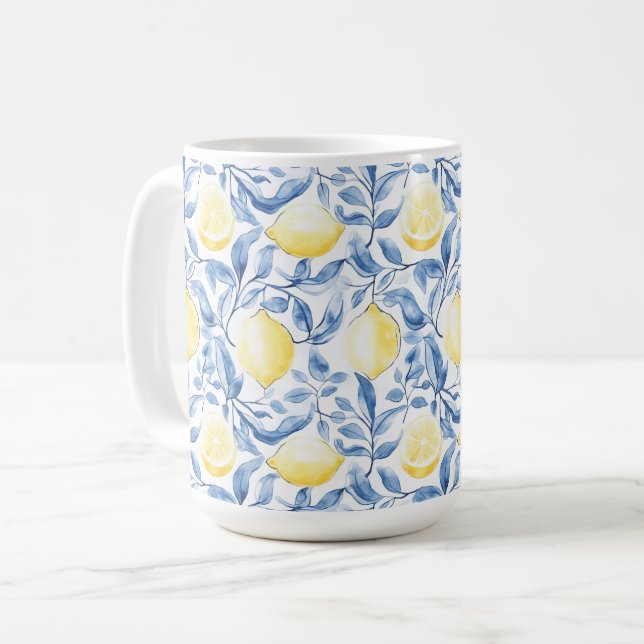 Caneca De Café Sicily Italian Rustic Blue Leaves Lemons  (Frente Esquerda)