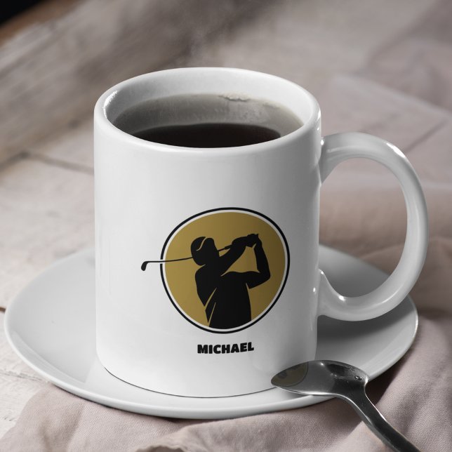 Caneca De Café Silhouette de Golf Dourado Mens (Criador carregado)