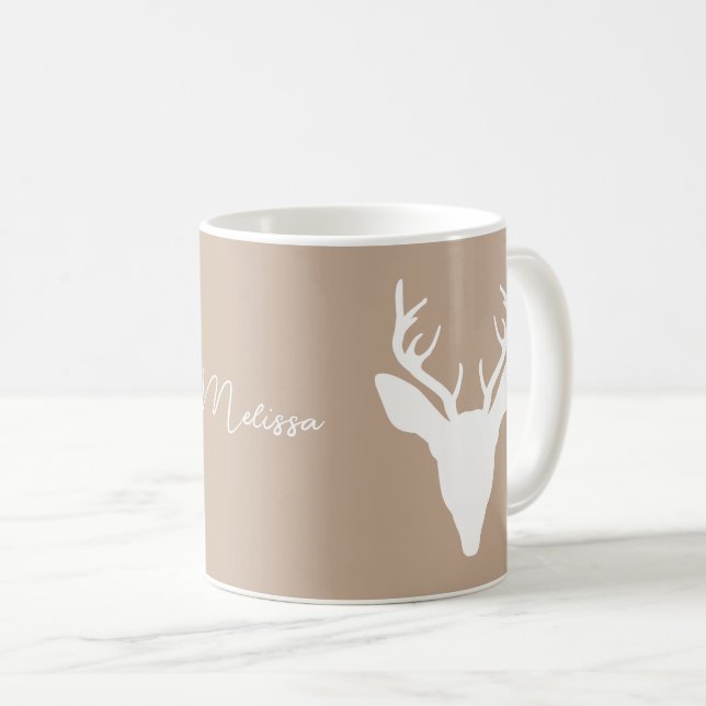 Caneca De Café Silhueta da Cabeça de Veado Branco em Bege e Nome  (Frente Esquerda)
