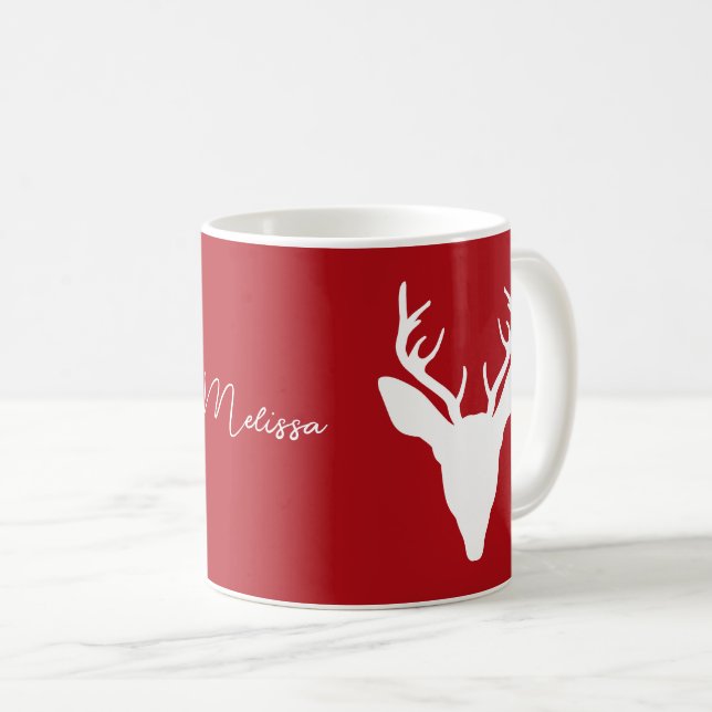 Caneca De Café Silhueta da Cabeça de Veado Branco em Vermelho com (Frente Esquerda)