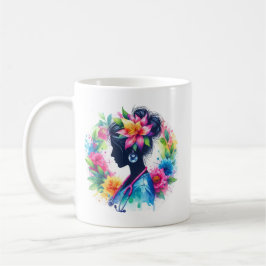 Caneca De Café Silhueta de Enfermeira com Florais em Aquarela - E