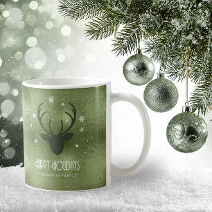 Caneca De Café Silhueta de Galhadas de Veado & Flocos de Neve Ver