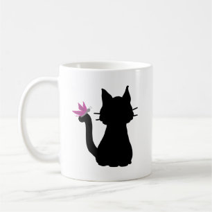 Caneca De Café Silhueta de Gato Preto Borboleta Rosa