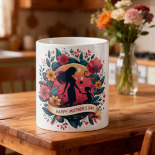 Caneca De Café Silhueta de Mãe e Filha Floral Dia das Mães