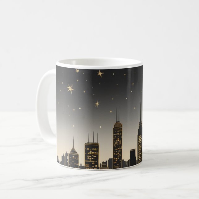 Caneca De Café Silhueta elegante do horizonte de uma cidade à noi (Frente Esquerda)