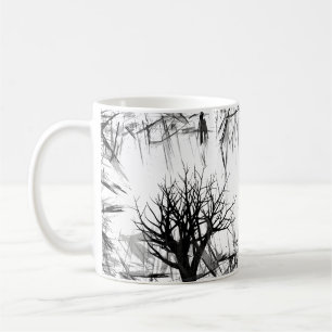 Caneca De Café Silhueta preto e branco das árvores de floresta d