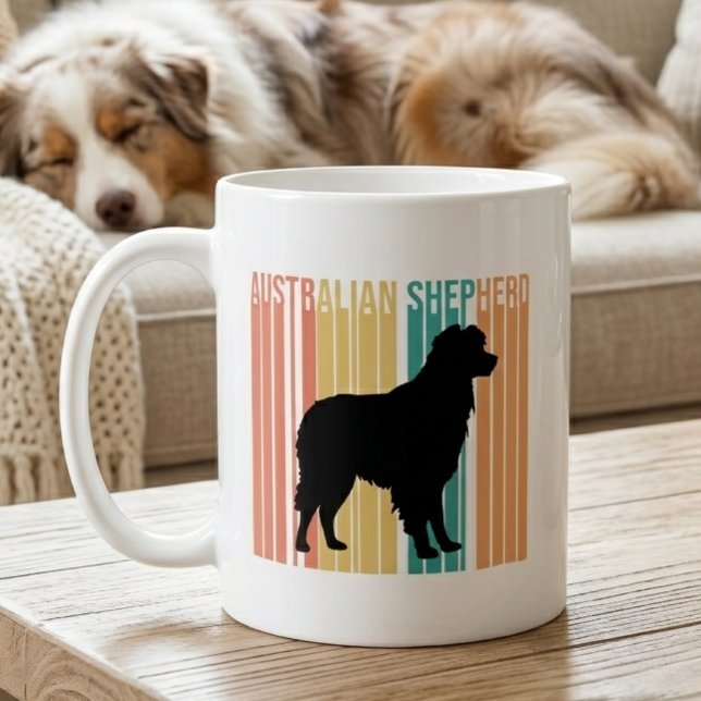 Caneca De Café Silhueta Retro do Australian Shepherd (retro aussie shep mug with dog)