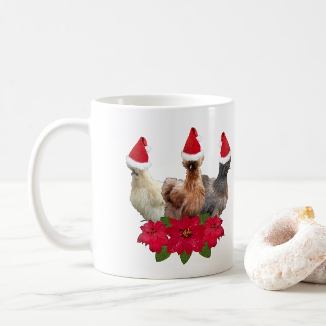 Caneca De Café Silkie Bantam Chicken Trio de Natal Poinsettia (Com Donut)