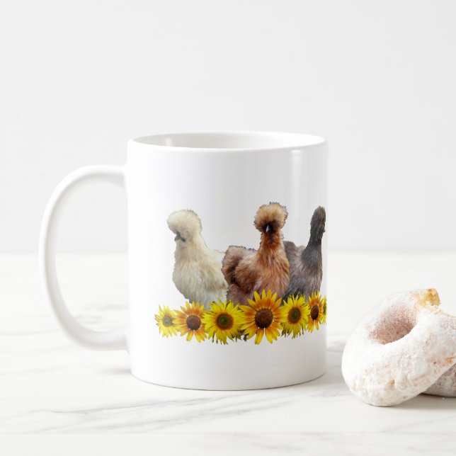 Caneca De Café Silkie Bantam Chicken Trio e Girassóis (Com Donut)