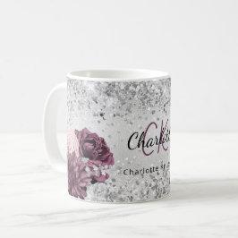 Caneca De Café Silver burgundy florals elegante nome do monograma