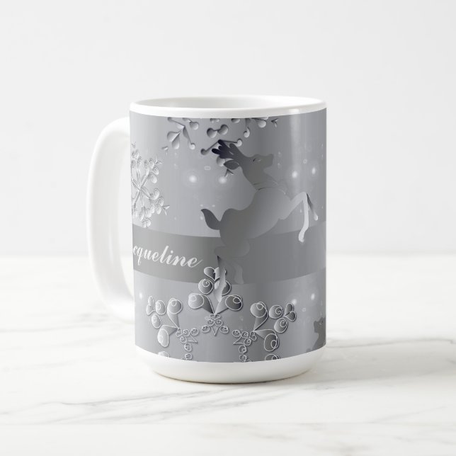 Caneca De Café Silvery Reindeer & Snowflakes Mug (Frente Esquerda)