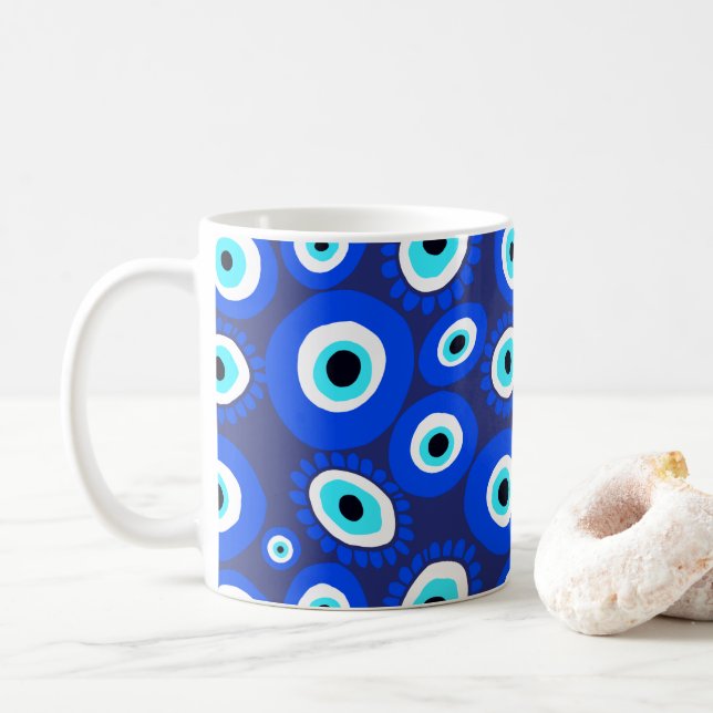 Caneca De Café Símbolo de Olho Grego Padrão Azul e Branco (Com Donut)