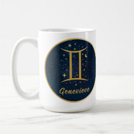Caneca De Café Símbolo Gemini zodiano estrelas azuis de ouro pers