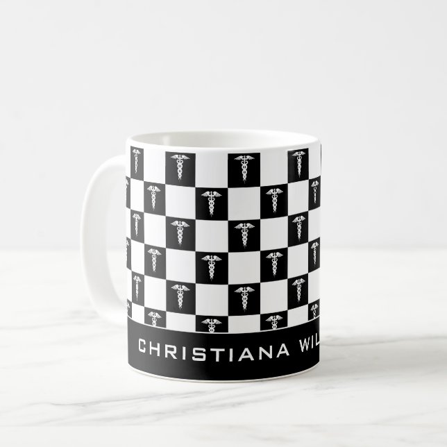 Caneca De Café Símbolo médico branco e preto personalizado Caduce (Frente Esquerda)